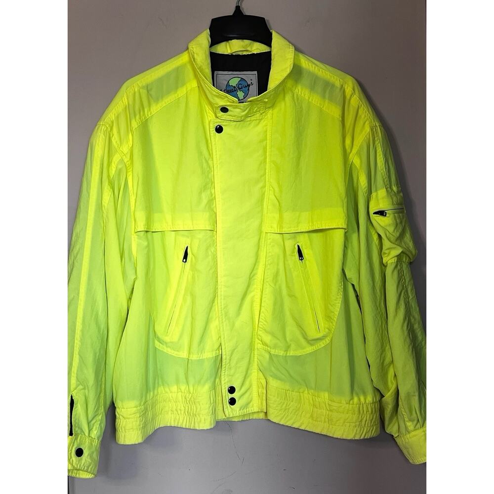 VTG 80'S STREET GUYS NEON YELLOW OVERSIZE WINDBREAKER JACKET L / LARGE HI VIS
